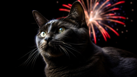cat watches the fireworks. Bobtail on a black background with space for text. Generative AIの素材