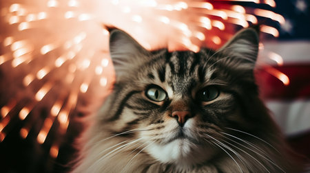cat watches the fireworks. Bobtail on a black background with space for text. Generative AIの素材