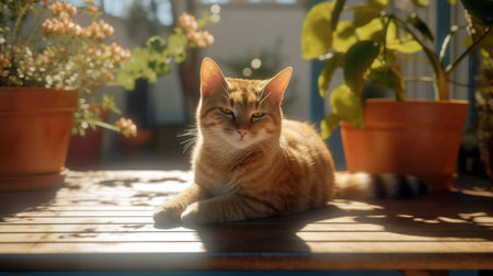 Cute tabby brown cat lying outdoors on a wooden bench. A sunny summer day in garden. Generative AIの素材