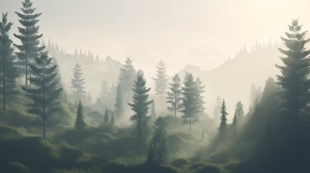 Misty landscape with fir forest in hipster vintage retro styleの素材