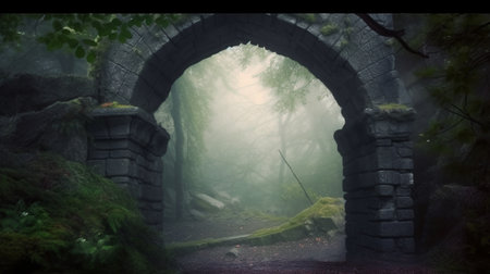 misty dark mood Archway in an enchanted fairy forest landscapeの素材