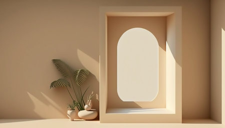 podium on beige background. Minimal cosmetic background for product presentation. 3d renderingの素材