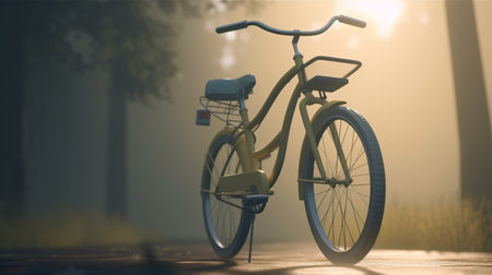 Morning foggy bike before sunrise. A lone bicycle stands on a path in the fog. Sunrise in the fogの素材
