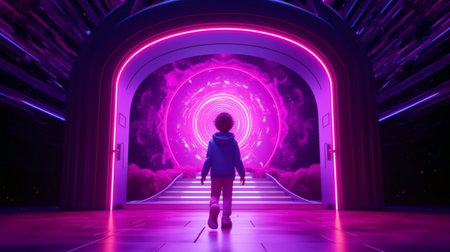 A kid standing in front of the glowing purple entrance to go to another place. Generative AIの素材