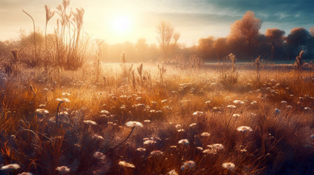 Abstract warm landscape of dry wildflower and grass meadow on warm golden hour sunset. Generative AIの素材