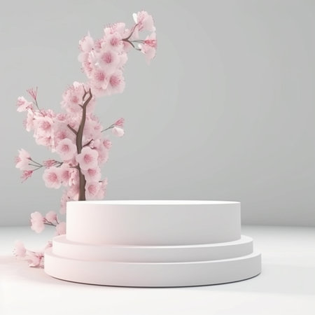 3d minimal display podiums with cherry blossom flower Sakura against orange backgroundの素材
