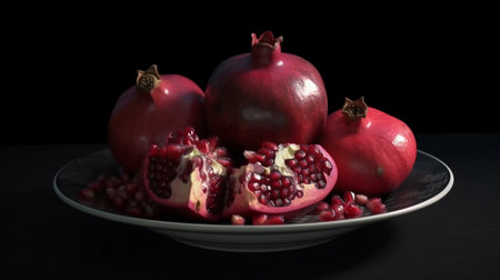 Red juice pomegranate on dark background. Ripe pomegranate fruit on wooden vintage backgroundの素材