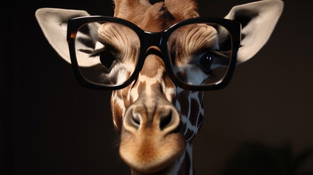 Funny vogue fashion portrait of a giraffe with modern hipster sunglassesの素材