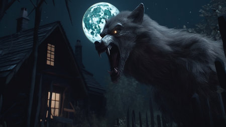Black growling aggressive wolf with glowing red eyes in front of a big moon. Stars in the night skyの素材