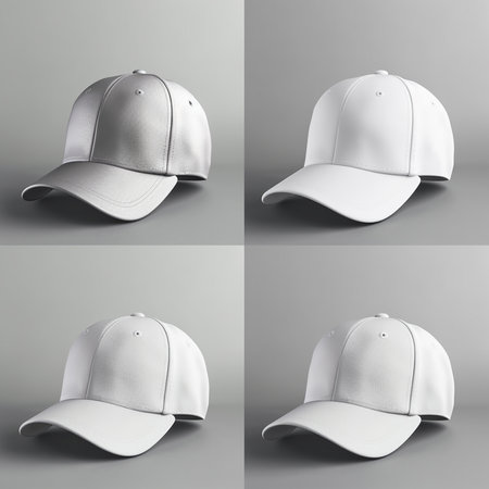 Set of White baseball cap indifferent side angles views isolated on gray background. Mock upの素材