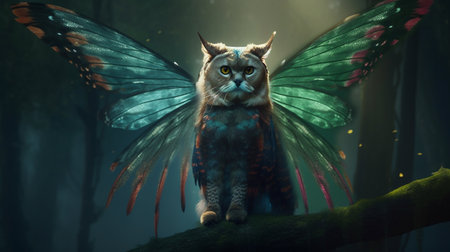 A cute little happy cat flying on its wings. Winged cat, cat with owl wing on fantasy forestの素材