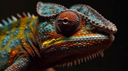 Beautiful of chameleon on branch. chameleon isolated on dark backgroundの素材