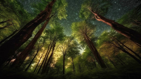 Green Forest of Beech Trees looking up low angle shotの素材