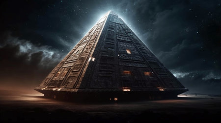 Futuristic unidentified flying object and pyramidの素材