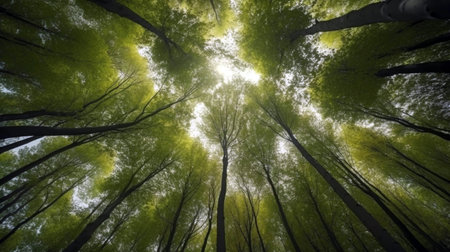 Green Forest of Beech Trees looking up low angle shotの素材