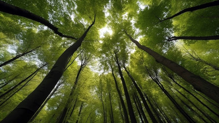 Green Forest of Beech Trees looking up low angle shotの素材