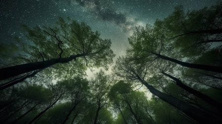 Green Forest of Beech Trees looking up low angle shotの素材