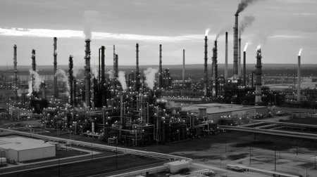 an image of an oil refinery with pipelines and tanksの素材