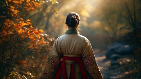 Korean Girl dressed in traditional dress in the autumn magical forest, back view womanの素材