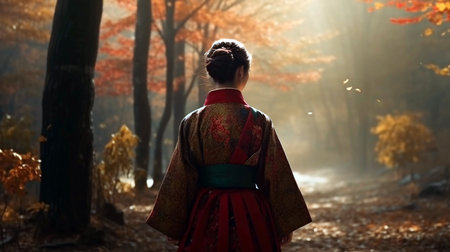 Korean Girl dressed in traditional dress in the autumn magical forest, back view womanの素材