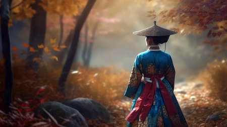 Korean Girl dressed in traditional dress in the autumn magical forest, back view womanの素材