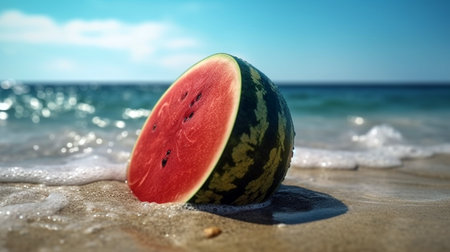 Fresh juicy watermelon on desk and background of beach with sea and blue skyの素材