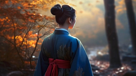 Korean Girl dressed in traditional dress in the autumn magical forest, back view womanの素材