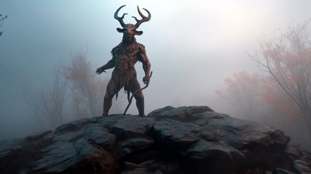 The Minotaur, half man half bull, stands on a rock in an aggressive stanceの素材