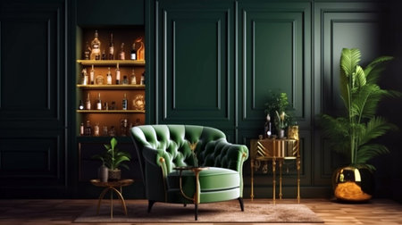 Interior design of luxury living room with stylish armchair, gold liquor cabinetの素材