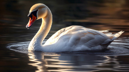 White swan in the foggy lake at the dawn. Morning lights. Romantic backgroundの素材