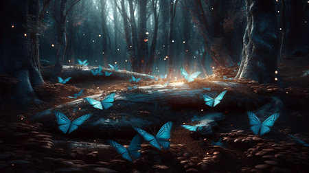 Magic forest at night and rays of light illuminating blue butterflies and fallen trunkの素材
