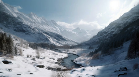 Beautiful alpine panoramic view snow capped mountains, European beautiful winterの素材