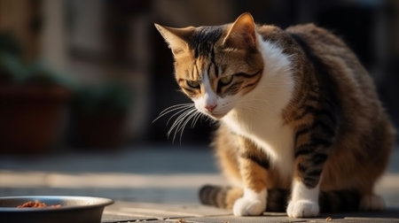 Adorable domestic cat with brown and white fur eating food from plate on blurred backgroundの素材