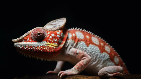 Close-up of a white-red chameleon looking at the camera from side angle on the black backgroundの素材