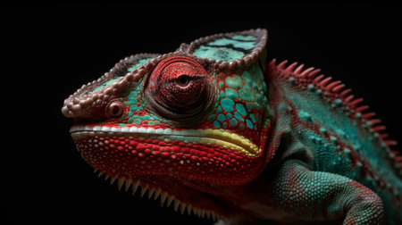 Close-up of a purple-red chameleon looking at the camera from side angle on the black backgroundの素材