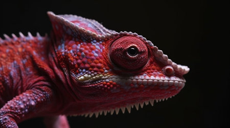 Close-up of a purple-red chameleon looking at the camera from side angle on the black backgroundの素材