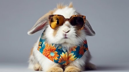 Cute fluffy rabbit wearing sunglasses with funny decor on light backgroundの素材