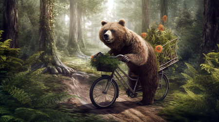 A bear riding a bicycle in a forest with lush green. Generative AIの素材