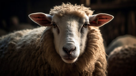 A close-up portrait of a fluffy sheep captured. Generative AIの素材