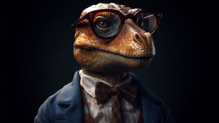 A close-up portrait of a cute dinosaur wearing a stylish suit. Generative AIの素材