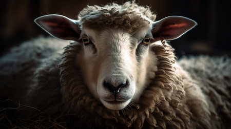 A close-up portrait of a fluffy sheep captured. Generative AIの素材