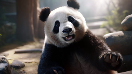 A playful happy panda in China panda raised hands. Generative AIの素材