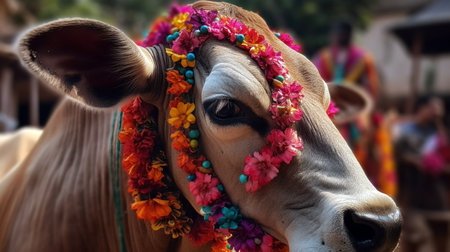 A portrait of a beautiful cow decorated with colorful flower necklace. Generative AIの素材