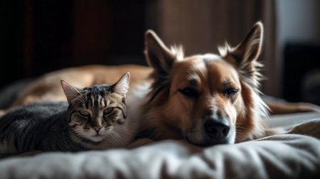 A photo of a cat and dog sleeping peacefully together. Generative AIの素材