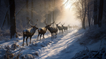 A herd of deer make their way through a snowy forest. Generative AIの素材