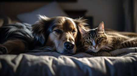 A photo of a cat and dog sleeping peacefully together. Generative AIの素材