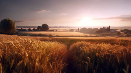 Gold Wheat flied panorama with tree at sunset, rural countrysideの素材