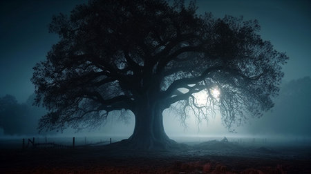 Big tree Mysterious pathway. Footpath in the dark, foggy, autumnal, mysterious forestの素材