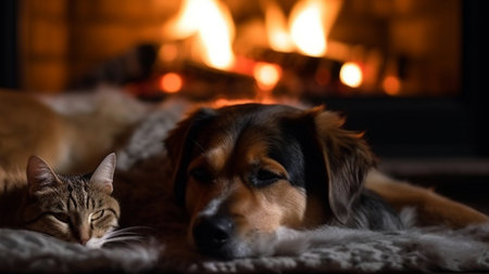 Cat and dog sleeping. Pets sleeping embracingの素材