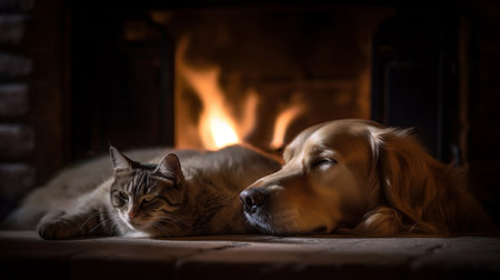 Cat and dog sleeping. Pets sleeping embracingの素材